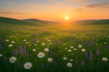 Obraz premium Vast green field with daisies and purple wildflowers glowing in golden sunrise light beneath a softly colored sky..