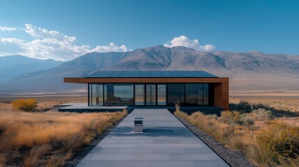 Modern house design in a serene desert landscape showcasing mountains and blue skies Generative AI