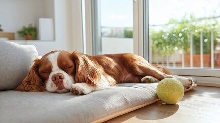 Cavalier King Charles Spaniel enjoys a peaceful nap by the window on a sunny afternoon with a bright green ball nearby Generative AI