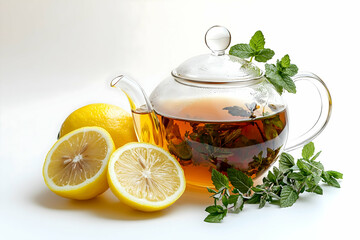 High resolution closeup of a glass teapot with herbal tea fresh herbs and lemon slices styled with minimalist studio lighting for a calm and detailed presentation


