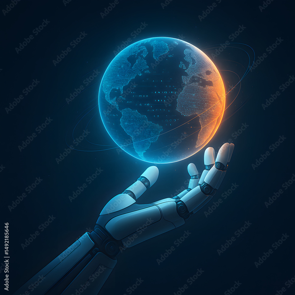 Poster futuristic robotic hand supports a glowing digital globe, symbolizing artificial intelligence, globa