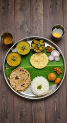 Traditional indian food platter featuring diverse dishes and elements