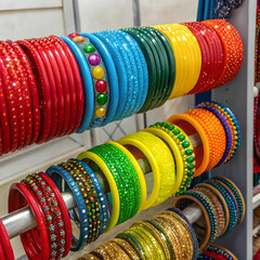 Colorful bangles arranged vibrantly, showcasing their intricate patterns, glossy finishes, and cultural significance.