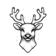 Detailed black and white illustration of a serene deer head with large antlers and subtle sparkling effects around it