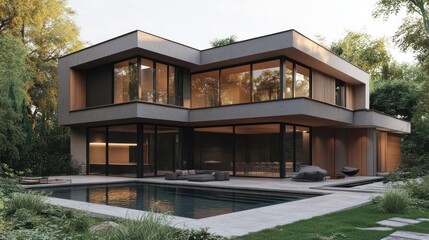 Modern house, pool, sunset, forest, luxury real estate