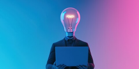 AI-themed surreal design with lightbulb-headed person holding a blue laptop