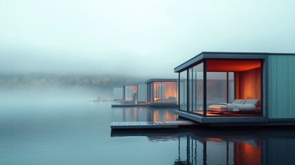Floating modern dwellings reflect tranquility on a misty lake at dawn with soft illumination creating a serene atmosphere Generative AI