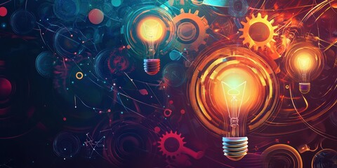 An abstract representation of innovative ideas with lightbulbs, gears, and abstract shapes in a vector style.