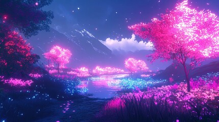 A glowing open-world exploration game in the metaverse, neon landscapes and digital life 