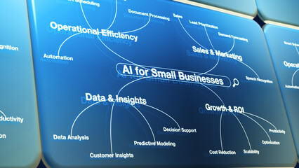Conceptual diagram showcasing AI practical uses for small businesses, spotlighting operational...