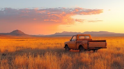 Fototapeta premium Rusty pickup truck at golden sunset