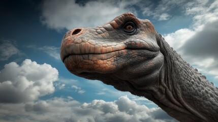 Majestic dinosaur enjoying a sunny day under a vibrant sky with fluffy clouds in a prehistoric landscape Generative AI