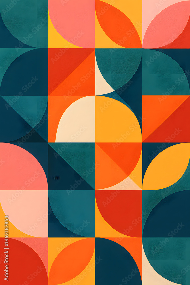 Poster bright and playful abstract pattern with geometric shapes forming floral and petal-like designs in a