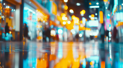 Fototapeta premium Blurred view of a modern Asia shopping mall interior with bright lights and storefronts, perfect for background use Asia mall background, blurred shopping center, retail interior b