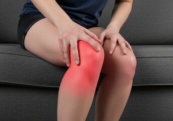 Woman Sitting on Sofa with Knee Pain and Red Highlight