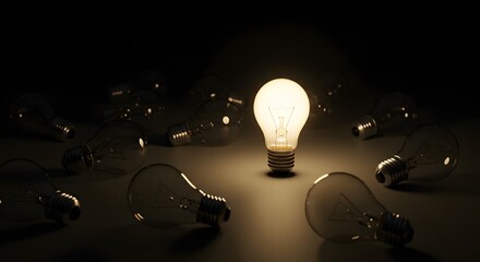 Business idea, creative thinking concept. Only one light among the off light bulbs. Abstract answer, solution.