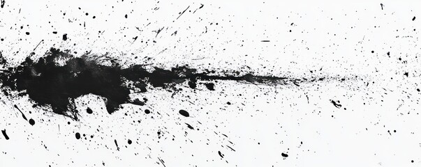 Abstract black ink splatter with spreading droplets on white background creating dynamic and energetic visual effect