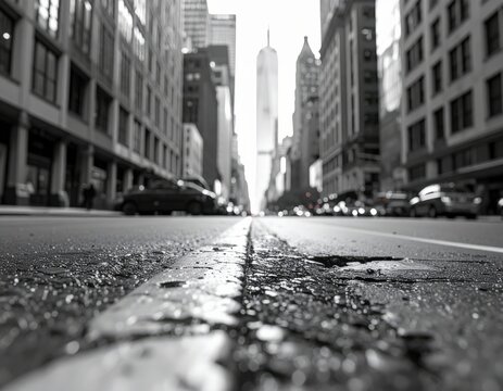 Fototapeta Urban street scene with skyscrapers in black and white