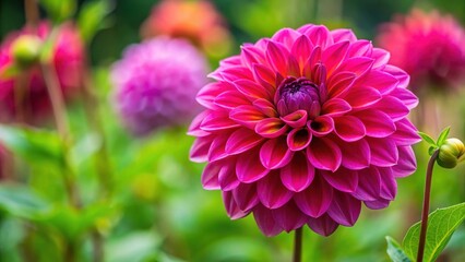 Fototapeta premium Vibrant pink dahlia bloom with bronze-toned leaves and stems, set against a lush green background