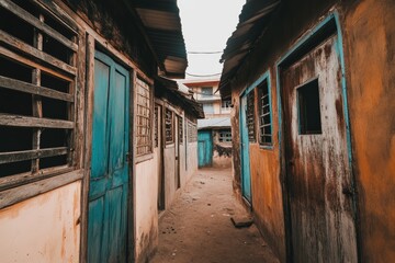 Fototapeta premium Narrow alleyway, dilapidated buildings