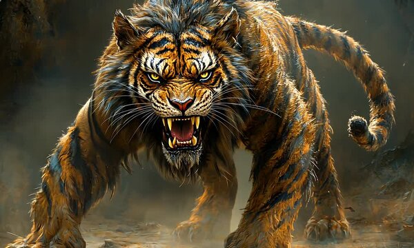 A fierce tiger stands with fangs bared, ready to pounce in the wild forest