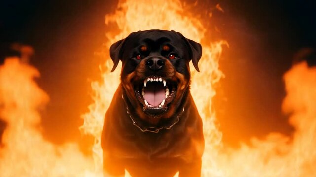 Rottweiler Dog Growling Aggressively Surrounded by Flames and Sparks Menacing Look