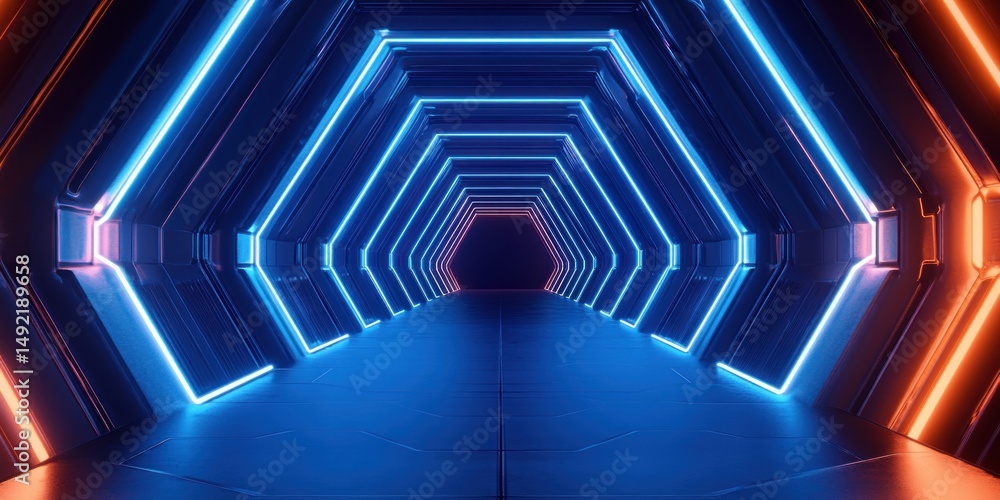 Poster futuristic hexagonal tunnel illuminated with blue and orange neon lights creating a symmetrical, glo
