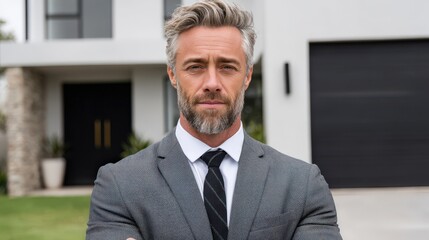 Fototapeta premium Confident mature businessman standing in front of modern architectural residence showcasing professionalism and personal branding expressing executive leadership in a contemporary urban