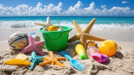 Colorful beach toys in a green bucket on sandy shores by the sea under a blue sky, embodying a summer vacation concept with children's play tools like a plastic spoon and fork.