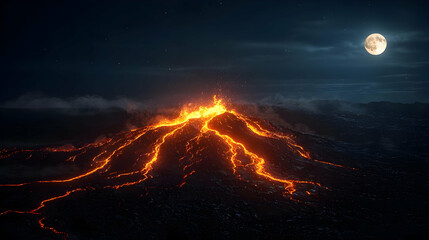 Fiery Volcano Erupts At Night Under Full Moon