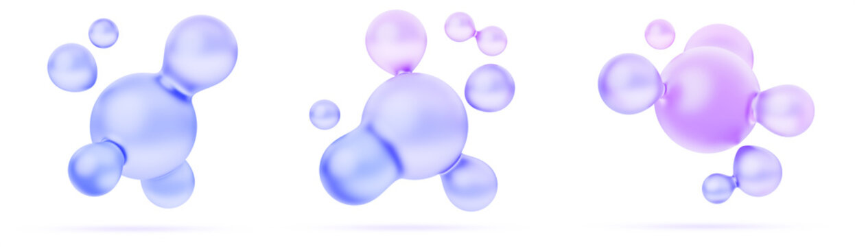 3d holographic liquid blob shape. Abstract gradient fluid ball. Soft blue purple metaball graphic object morphing. Molecular orb splash, smooth bounce particle, isolated render set. 3D illustration