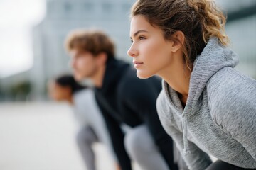 Obraz premium Group of young people in stylish activewear doing outdoor fitness workout or stretching in clean modern urban environment, Selective Focus..