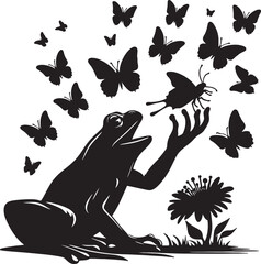 Naklejka premium Silhouette of a frog reaching for a butterfly surrounded by flying butterflies