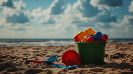 Colorful beach toys in a green bucket on sandy shores by the sea under a blue sky, embodying a summer vacation concept with children's play tools like a plastic spoon and fork.