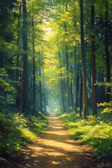 Obraz premium Sunlit forest path surrounded by tall trees with dense green foliage and dappled light creating a serene and peaceful atmosphere