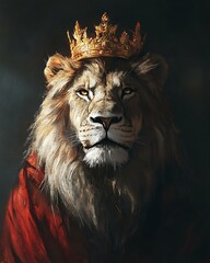 Naklejka premium elegant lion wearing golden crown and regal red cape, illustrated in soft tones with majestic shadow play Fantasy Animal Royalty Whimsical Pet Illustration Enchanted Storybook Portraits