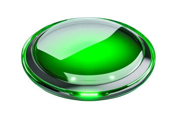 Glowing button, glass with green illumination, shiny device, cut out transparent