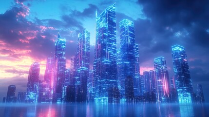 A glowing business skyscraper in the metaverse, representing a digital empire