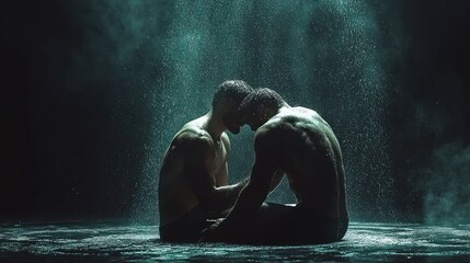 Two men sit close, bathed in a misty rain