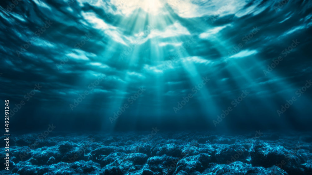 Poster underwater light rays illuminating deep blue ocean surface with calm waves below