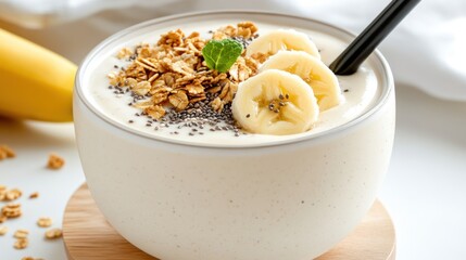 Smoothie bowl with banana slices, granola, and chia seeds scattered on top, offering a colorful treat.