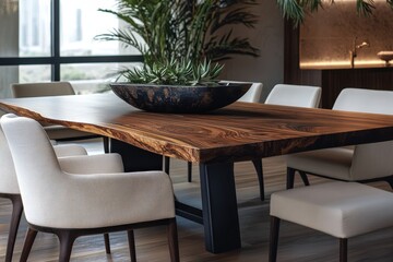 Obraz premium Stylish modern dining table with unique wood grain.