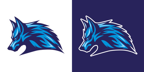 Dynamic wolf head side view logo in aggressive sports style. Powerful and serious emblem for athletic teams or brands.