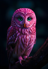 Colorful Owl with Green Eyes Perched on a Branch - Vibrant Nighttime Wildlife Photography for Nature, Birds, and Wildlife Themes