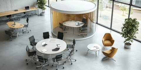 Collaborative layout with round tables, moveable chairs, and a glass-walled focus room