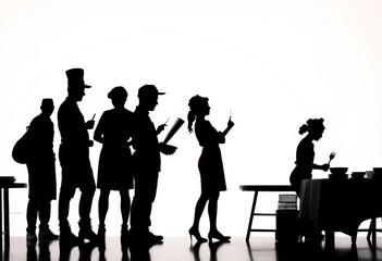 Silhouettes of restaurant workers, chefs, and servers against a white backdrop,  illustration,  profession