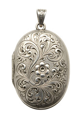 Fototapeta premium Oval Silver Locket with Engraved Floral Design, Transparent Background