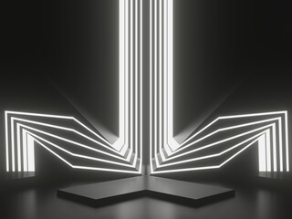 3D black geometric podium with white neon lights