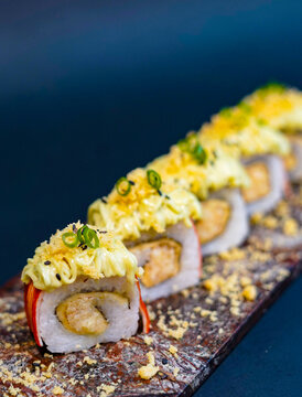 Sushi served on a stone slate, fine dining, luxury, japanese, food, social media post, banner, flyer, food photography