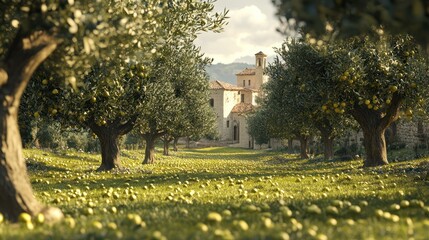 Tuscan orchard sunset, monastery backdrop, ripe olives, idyllic landscape, travel brochure